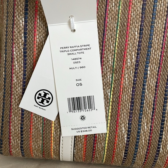 New✨tory burch perry raffia stripe triple compartment small tote - Picture 15 of 15